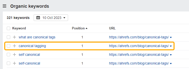 Ahrefs 中的自然搜索关键词报告,显示关键词