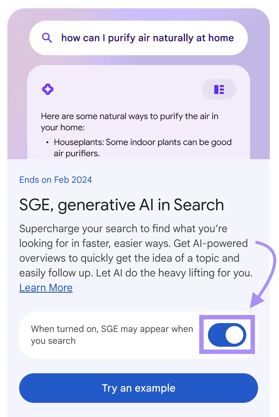 “SGE,搜索中的生成式 AI”卡片