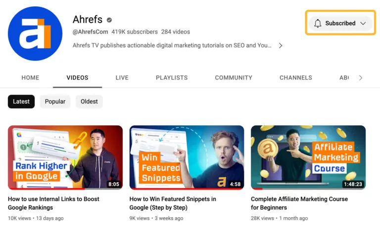 Ahrefs YouTube 页面上的“订阅”按钮