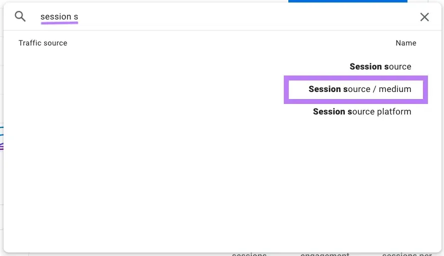 输入了“session s”,并将“Session source / medium”选为次要维度