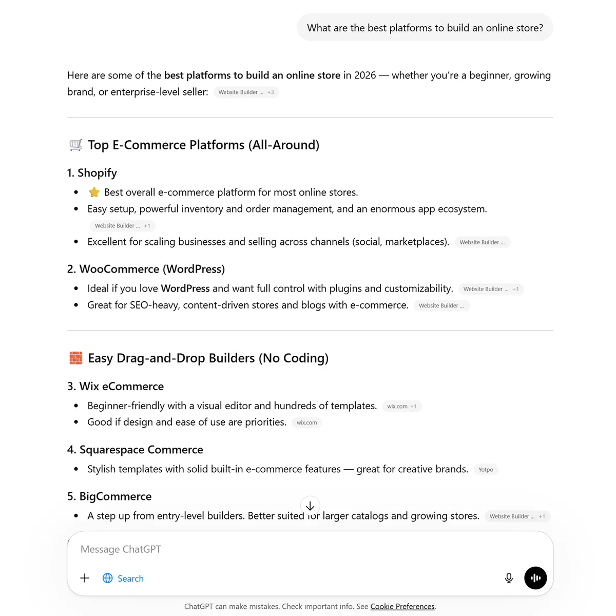 ChatGPT 回答列出 Shopify、WooCommerce、Wix、Squarespace 和 BigCommerce 等顶级电商平台