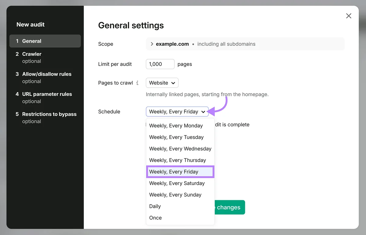 Semrush Site Audit 设置,每周抓取计划下拉菜单已打开
