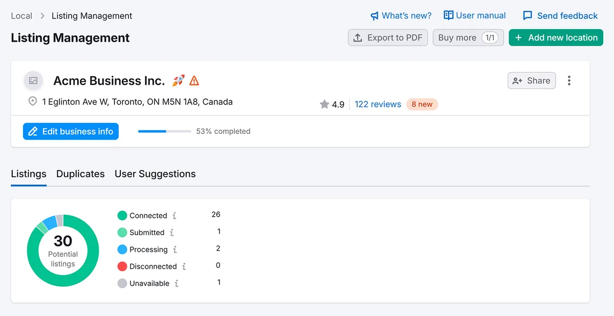 Semrush Listing Management 仪表盘,含用于编辑商家详情的工具。