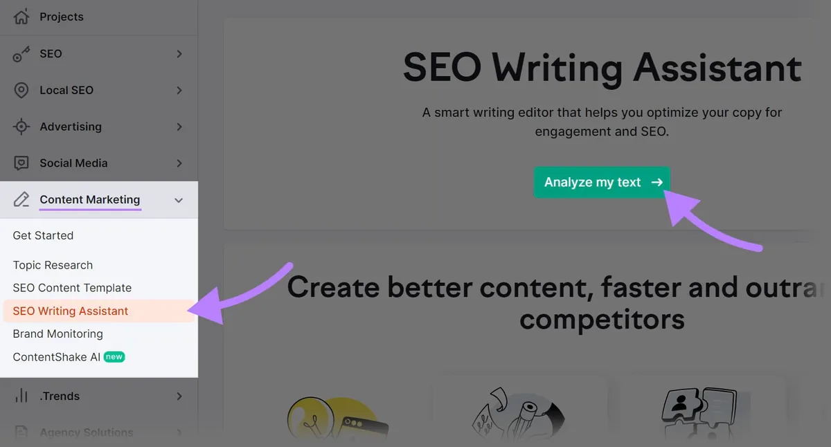 在 Semrush 中导航到 SEO Writing Assistant 工具