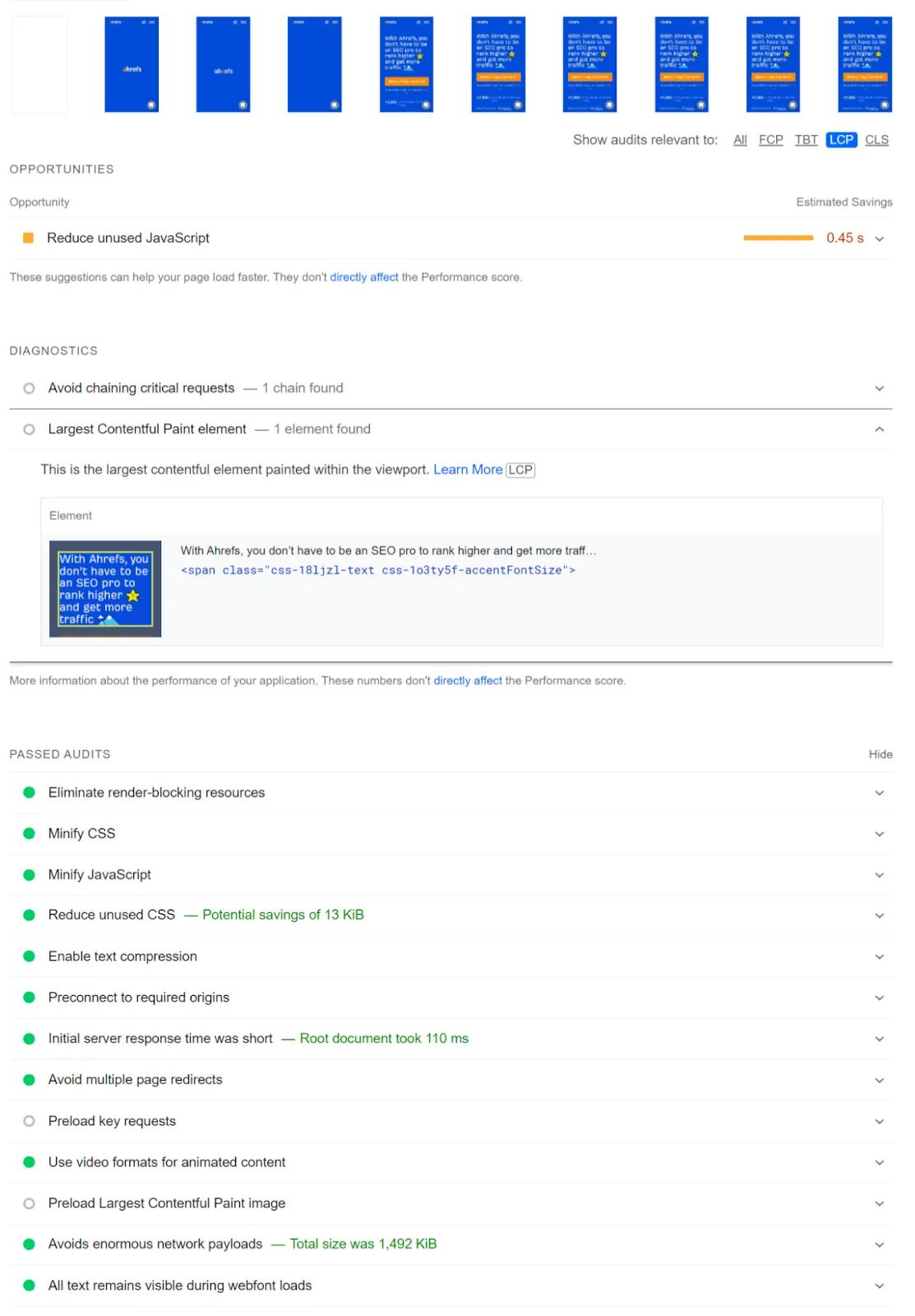 PageSpeed Insights 中的 Largest Contentful Paint 问题指向蓝色的 LCP 标签页
