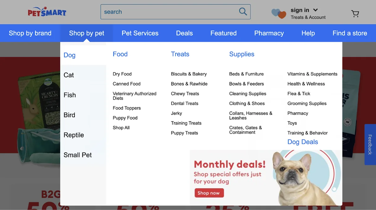 PetSmart 的下拉式页头导航,方便访问其众多页面
