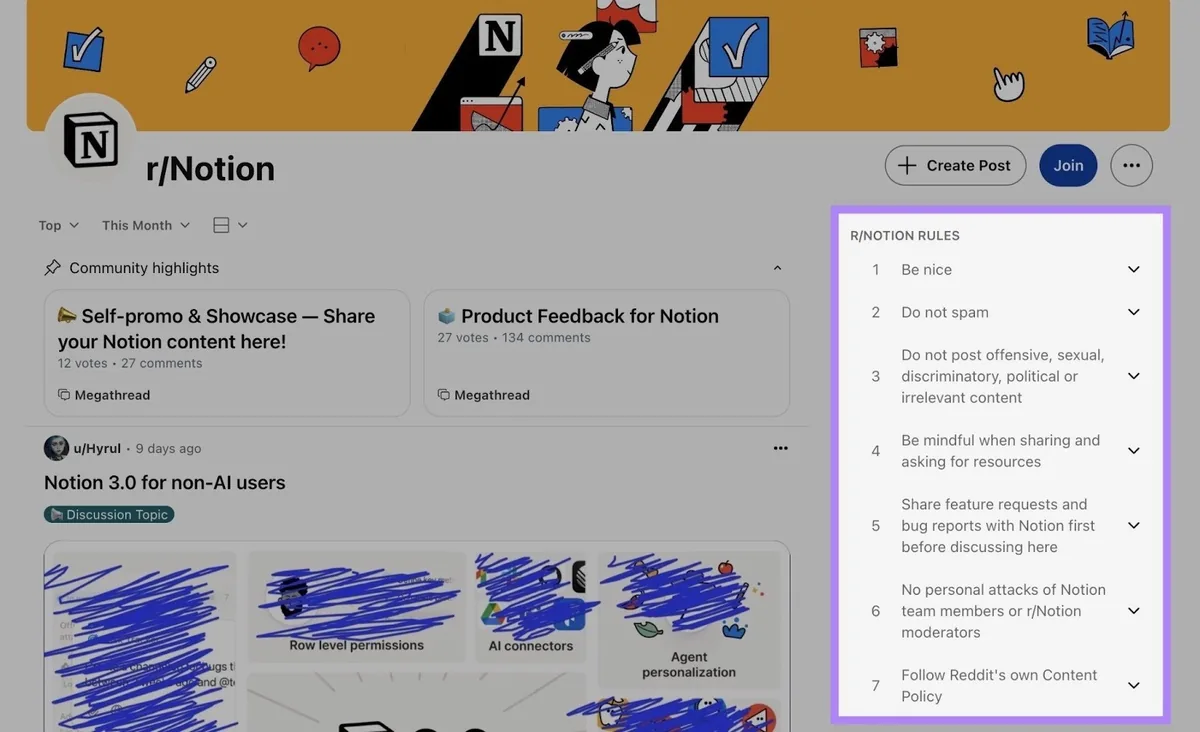 r/Notion 的 subreddit 规则,高亮在其个人资料右侧。