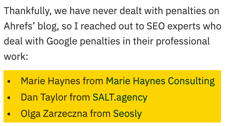 为 Ahrefs 一篇关于 Google 惩罚的博客文章接受采访的三位专家