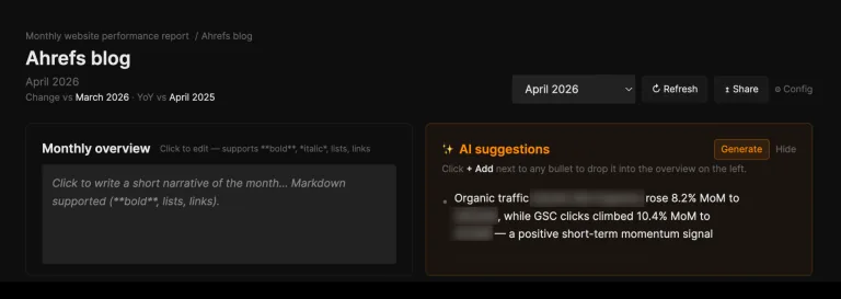 一个网页,展示“Ahrefs blog”的月度效果报告,并附有 AI 生成的内容建议。