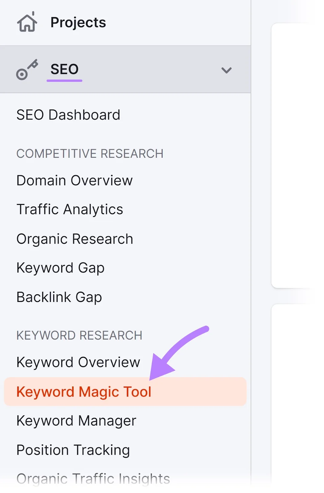 从 Semrush 菜单中选中的“Keyword Magic Tool”