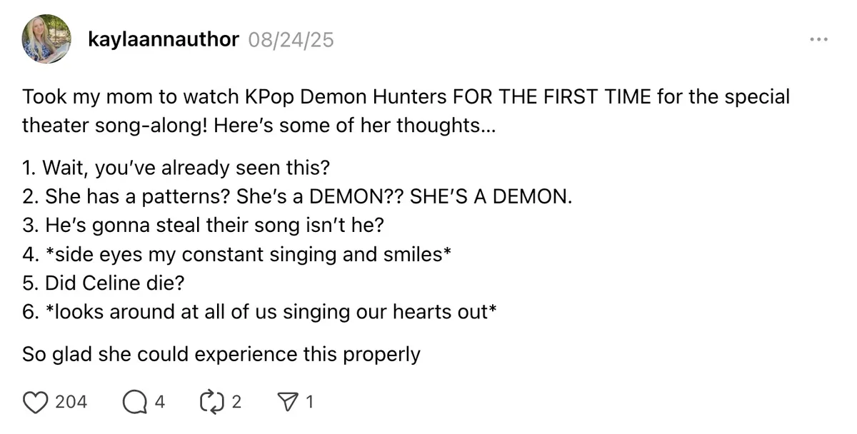 Threads 上称赞电影“KPop Demon Hunters”的 UGC 帖子。