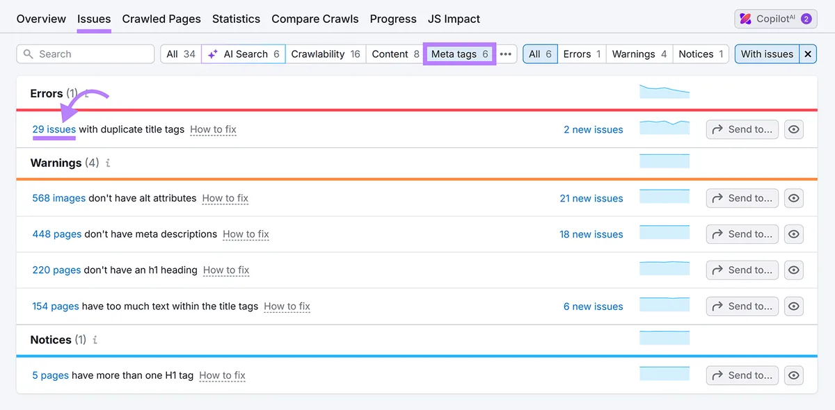 Semrush Site Audit 在 Meta tags 下突出显示重复标题标签问题
