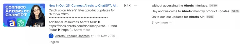 YouTube 视频缩略图,显示“Connect Ahrefs to ChatGPT”标题及主讲人,时长 4:01,播放量 9.4K,发布于 2025 年 11 月 12 日,带时间戳导航