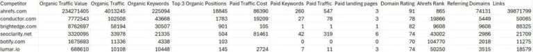 竞争对手 SEO 记分卡的示例输出