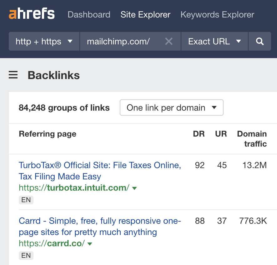 Ahrefs Site Explorer 中的反向链接报告