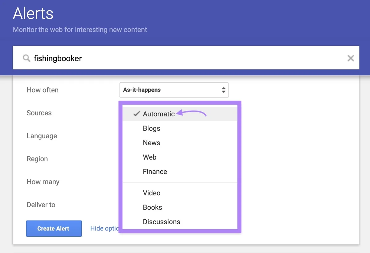 Google Alerts 选项中打开并突出显示的“Sources”下拉菜单，选中了“Automatic”。