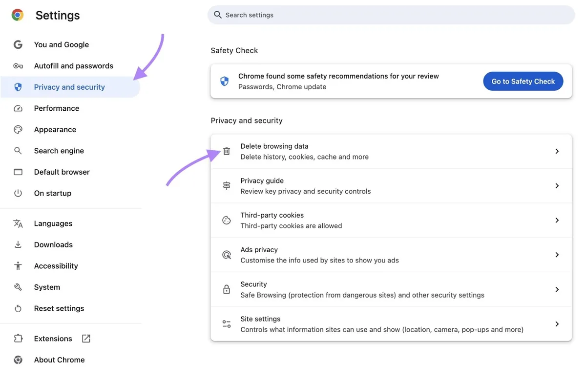 Chrome 上的“Privacy and security”设置，点击了“Delete browsing data”。