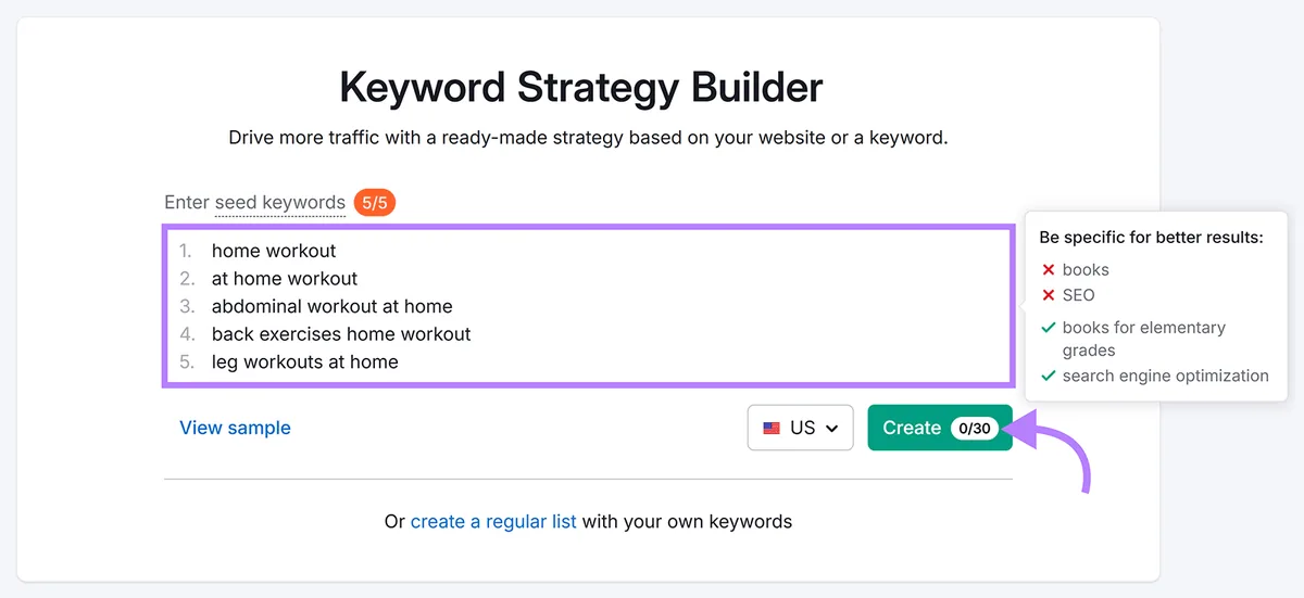 Semrush Keyword Strategy Builder 已准备好五个居家锻炼种子关键词以创建列表
