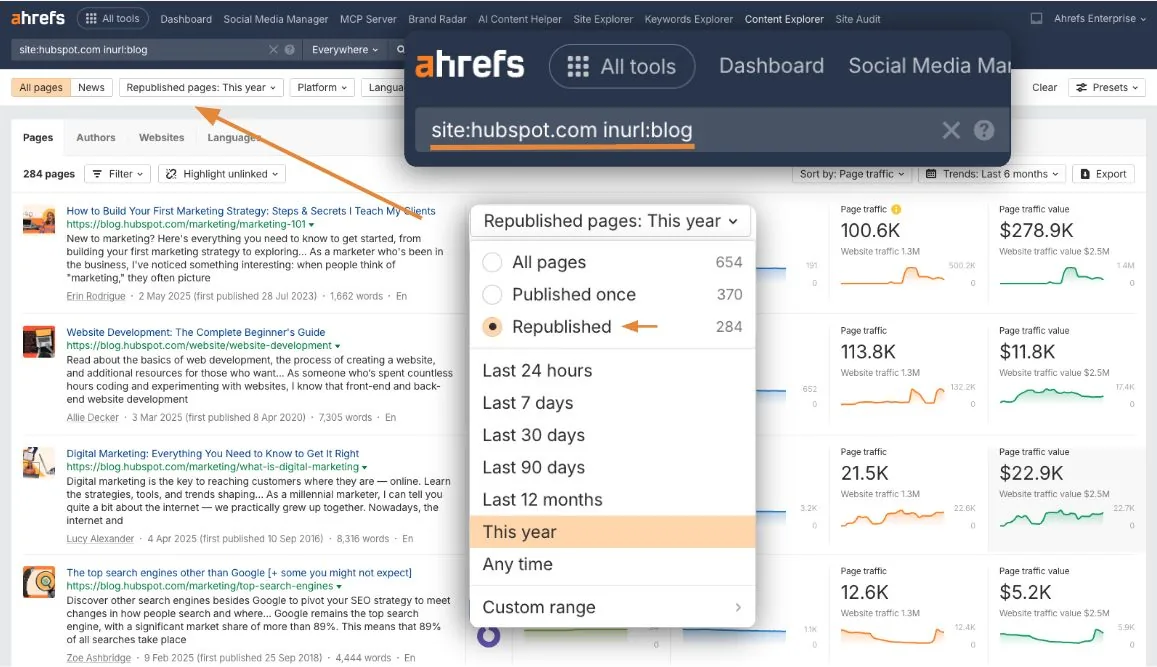 Ahrefs Content Explorer 展示 Republished pages This year 筛选器的下拉菜单