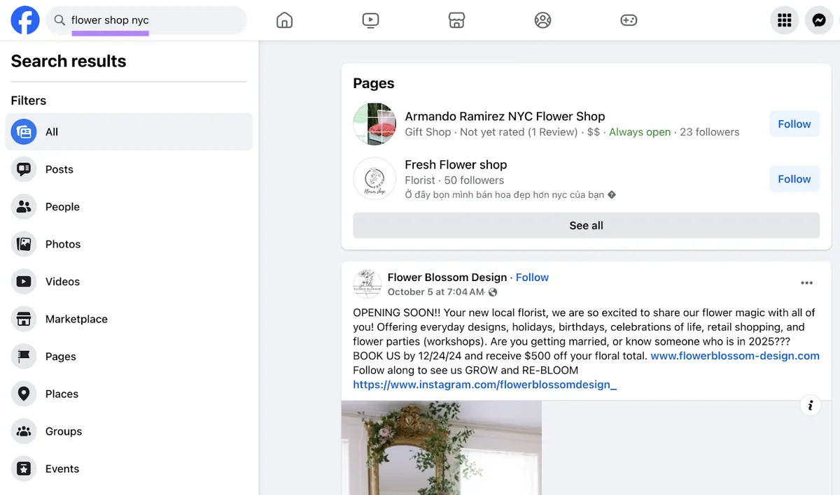 在 Facebook 上搜索 flower shop nyc，显示一些页面和自然帖子