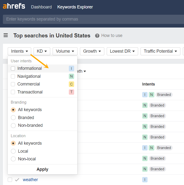 Keywords Explorer 中的 Ahrefs Intents 筛选器