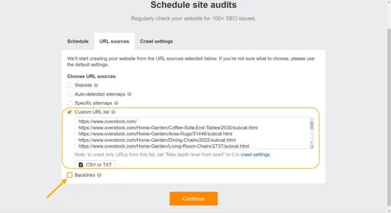 在 Site Audit 中将被链接最多的 URL 添加为自定义 URL 列表