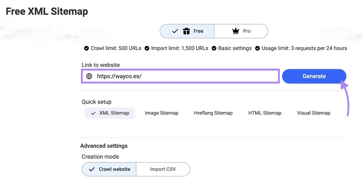 MySitemapGenerator 上的免费 XML 站点地图，已确认域名并点击“Generate”。