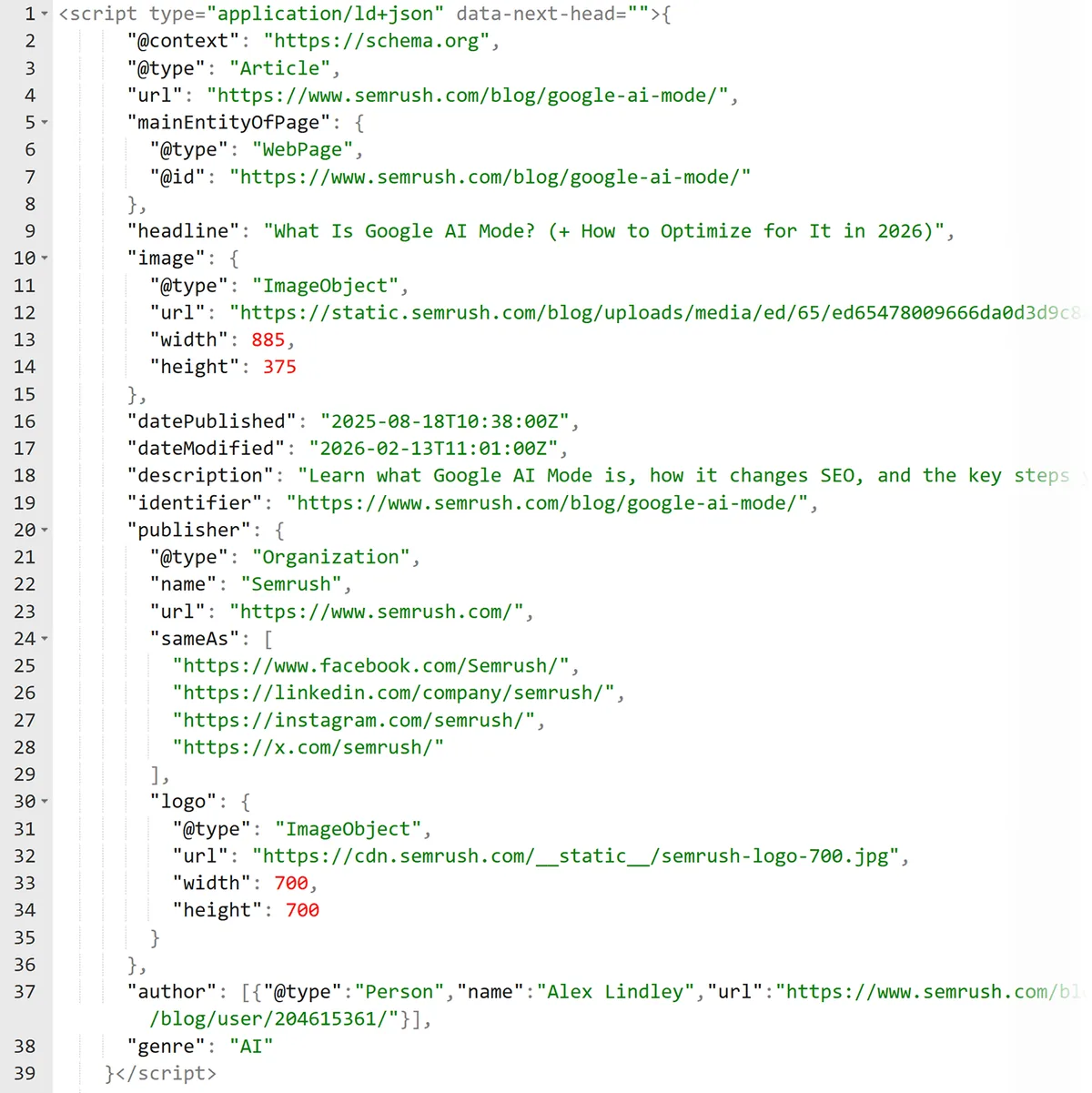 某文章的 JSON-LD 结构化数据标记,包含 headline、publisher 和 image 属性