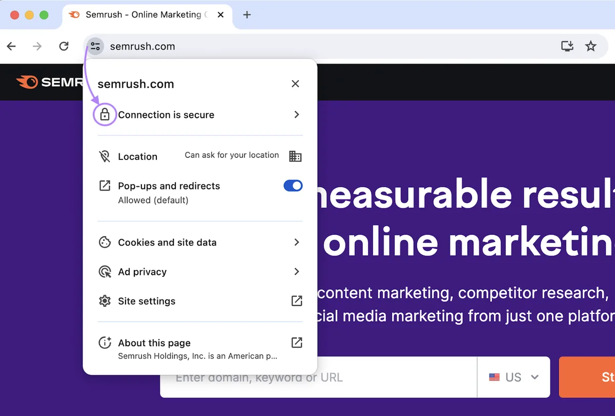 浏览器地址栏中“semrush.com”旁显示“Connection is secure”的锁形图标