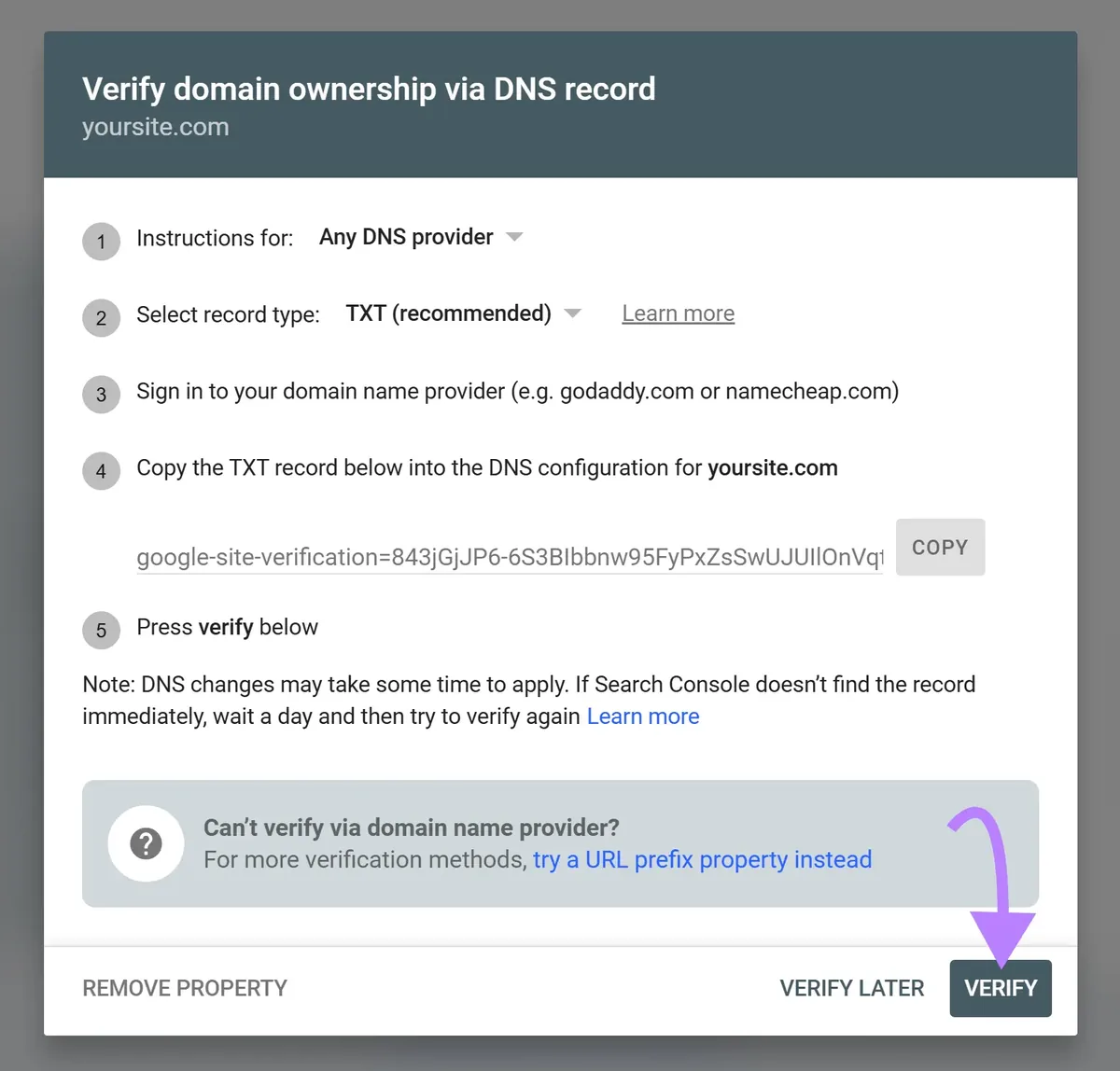 添加域名的 TXT 记录后,Google Search Console DNS 验证界面的 Verify 按钮已高亮显示