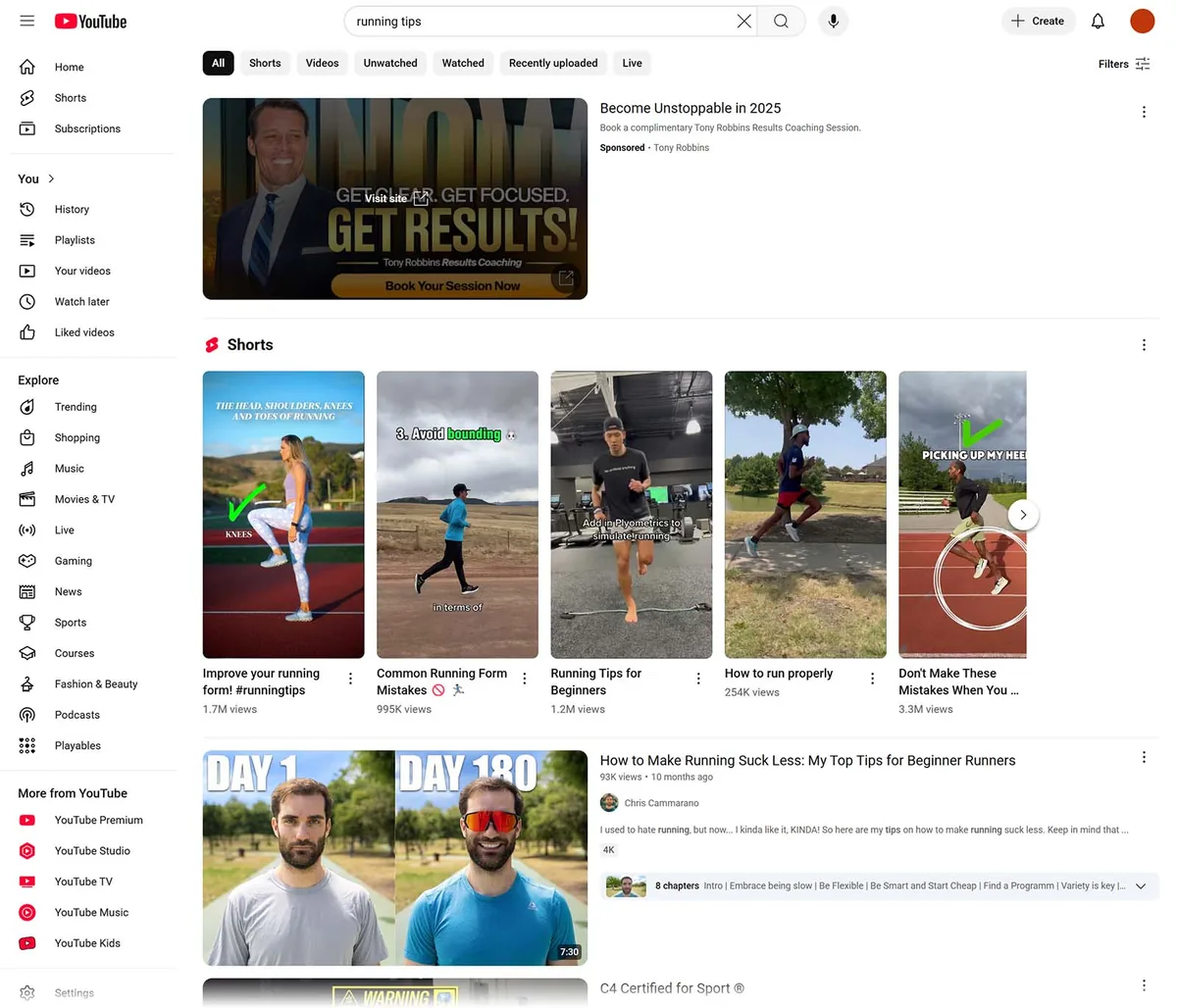 YouTube 展示跑步技巧视频,包括关于跑姿、常见错误和新手建议的短视频,并显示视频数据。