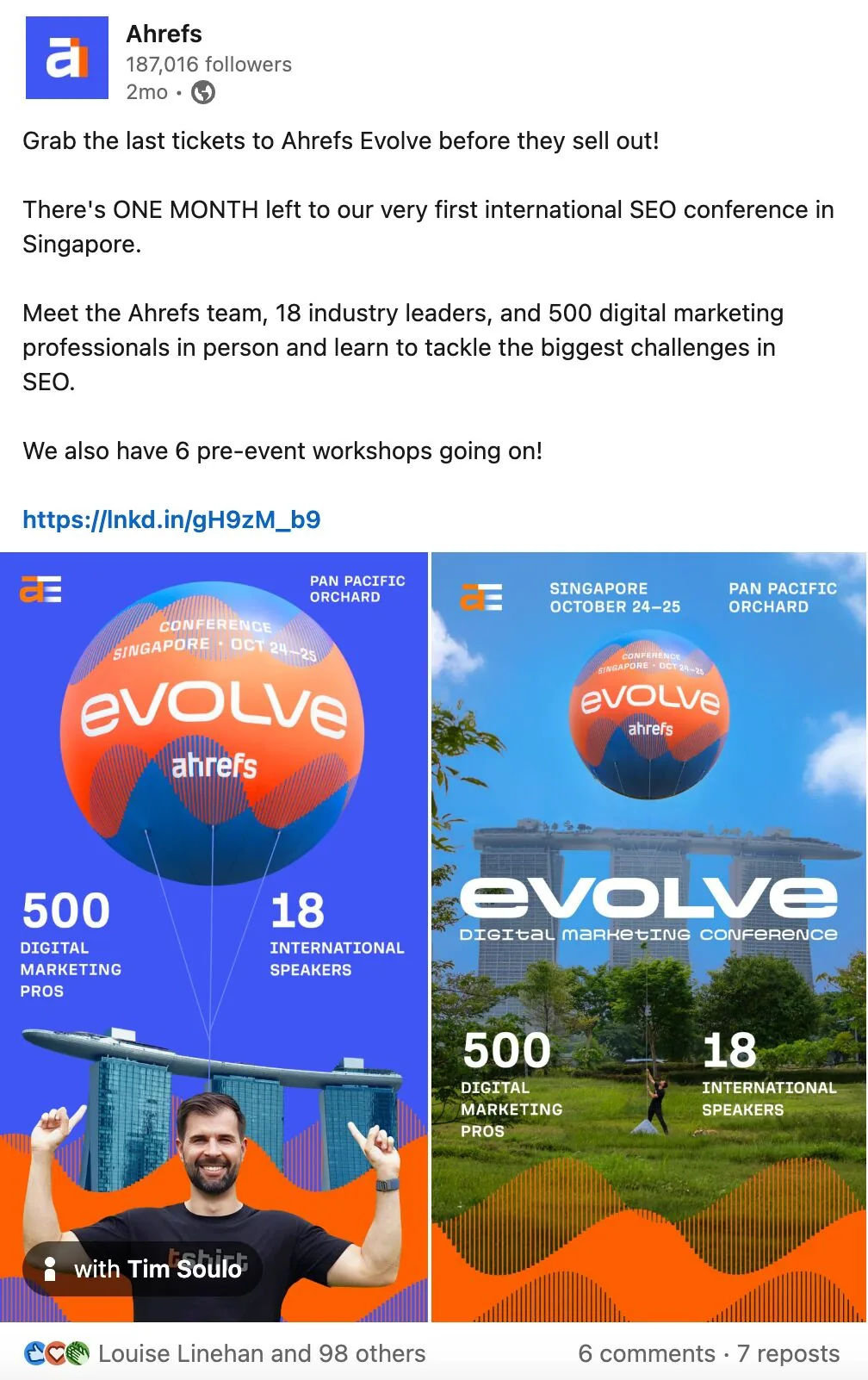 Ahrefs 的 LinkedIn 帖子，推广 Evolve 并以我们的氦气球作为广告创意