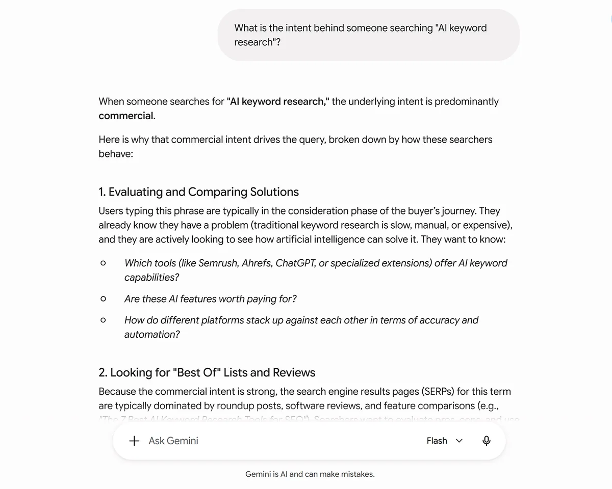 Gemini 将 AI 关键词研究意图描述为商业型,侧重于评估工具和解决方案
