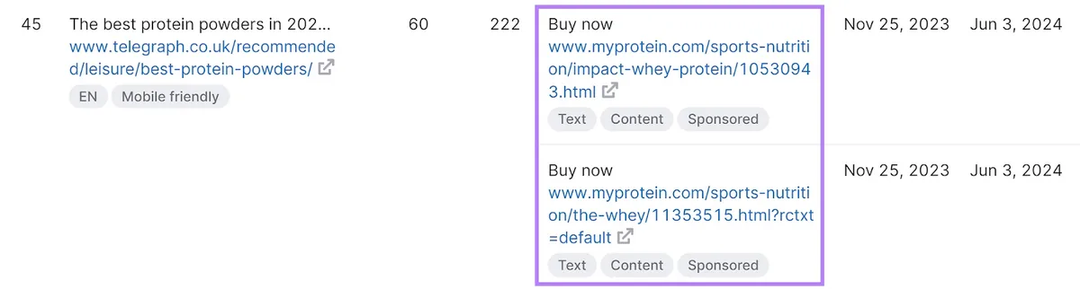 Backlinks 工具中“The Telegraph”赞助链接，其中两个“Myprotein”产品链接被突出显示