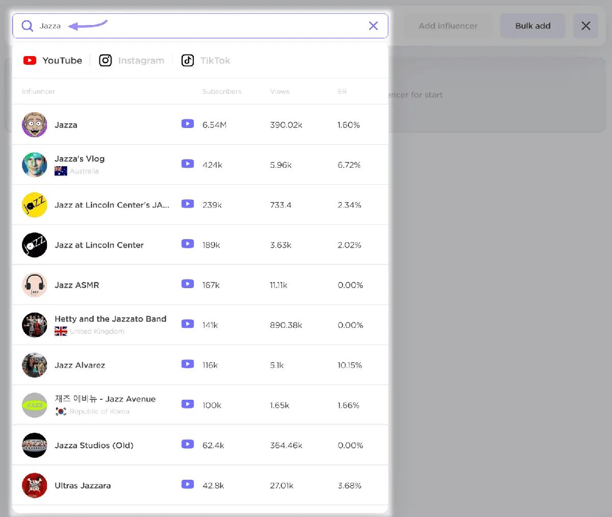 Influencer Analytics 营销活动管理界面，展示添加达人的选项及“Jazza”的搜索结果。