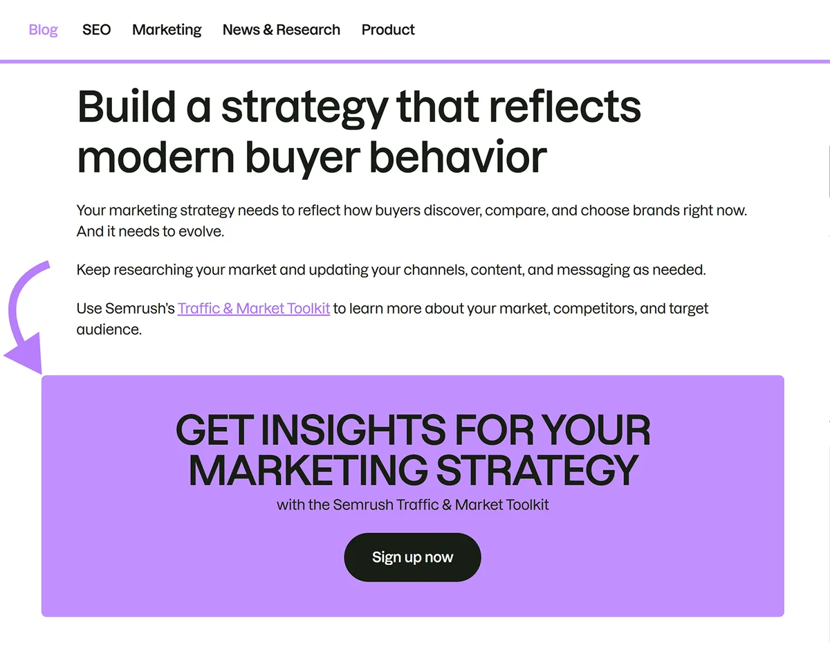 Semrush 博客文章带有为 Traffic & Market Toolkit 设置的大型紫色行动号召