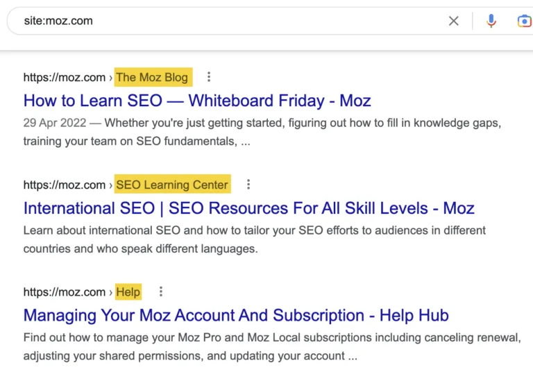 site: 运算符可揭示 Moz 在何处发布内容