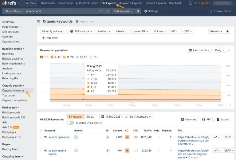 一张 Ahrefs Site Explorer 界面截图。箭头指向“Organic search(自然搜索)”菜单和“Organic keywords(自然关键词)”报告,向用户展示如何查找网站有排名的关键词。