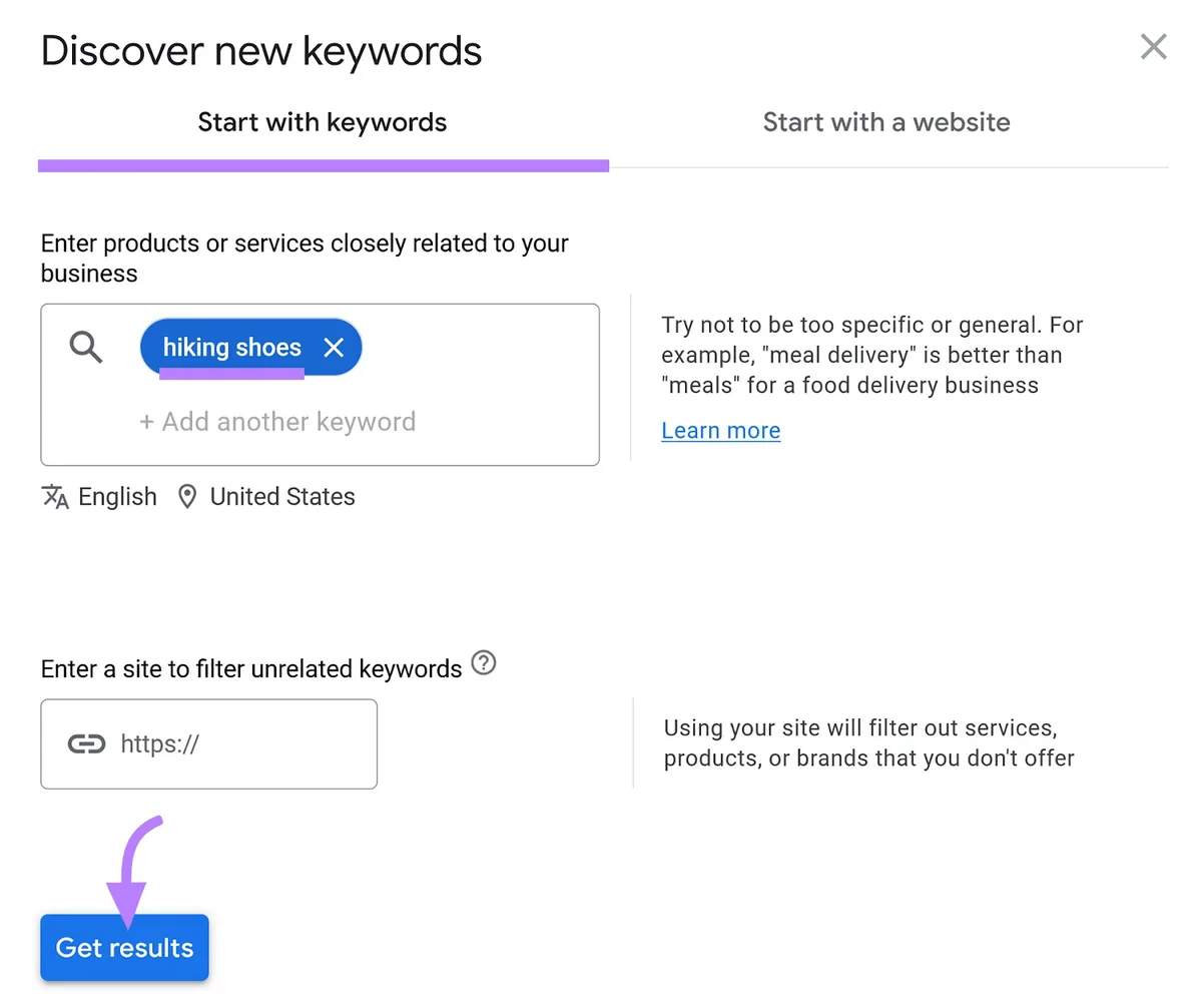 Google Keyword Planner 中的“从关键词开始”标签页