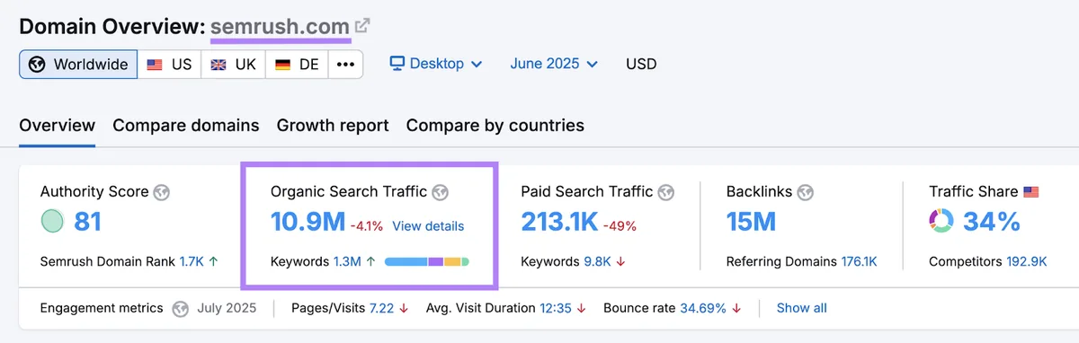 Domain Overview 工具显示该域名的自然搜索流量数据。