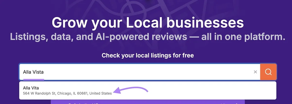 Listing Management 工具起始页,已在搜索栏中输入商家名称并从下方下拉列表中选择。