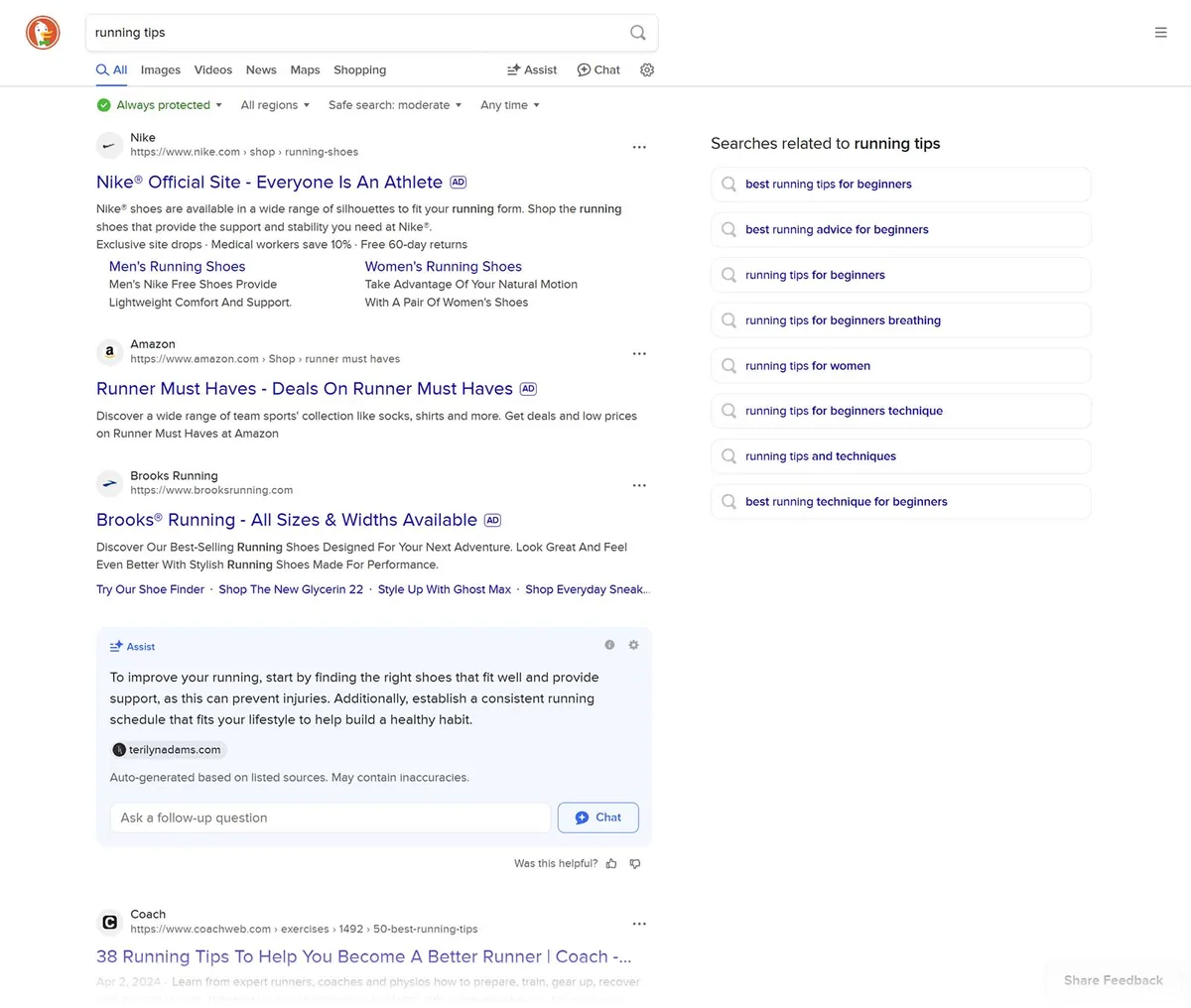 DuckDuckGo 对 running tips 的结果包含购物广告、文章链接以及面向初学者的相关术语侧栏。