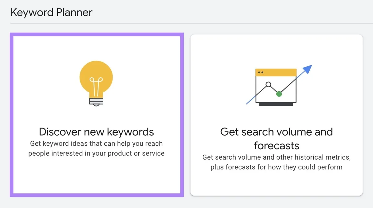 在 Google Keyword Planner 仪表盘中点击的“Discover new keywords”。