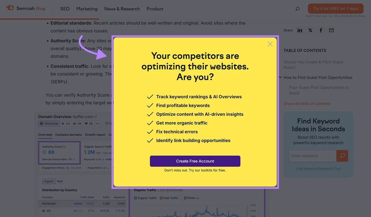 Semrush 博客弹窗,推广免费账户并列出 SEO 优化优势清单