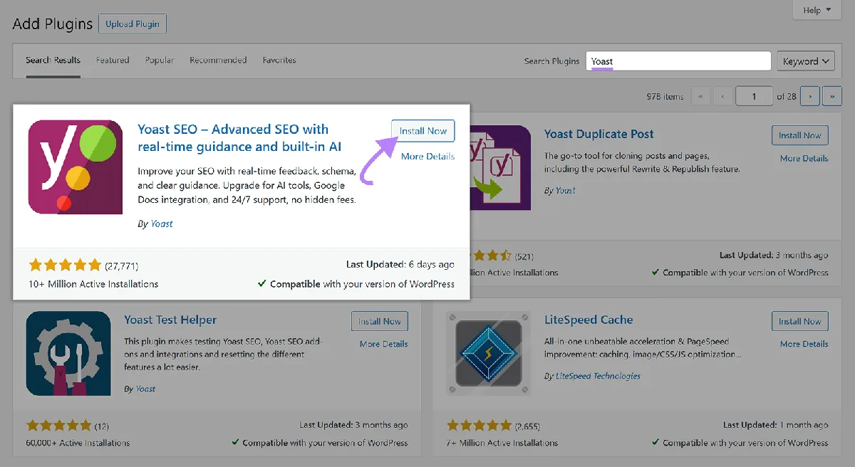 WordPress 添加插件页面，箭头指向 Yoast SEO 插件卡片上的“Install Now”按钮。