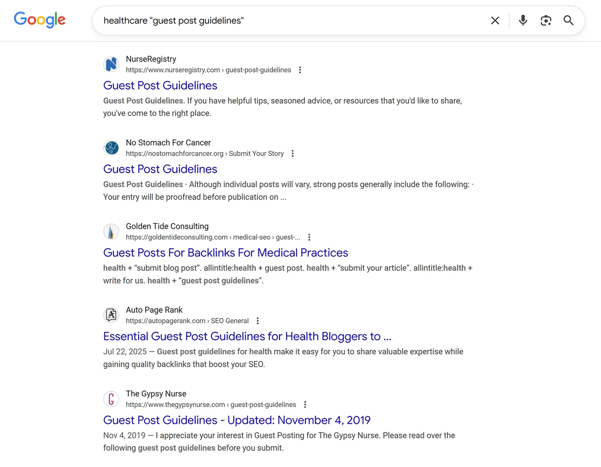 医疗健康客座博文指南的 Google 搜索结果。