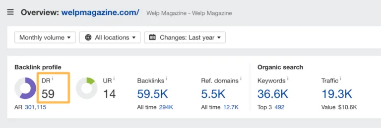 Welp Magazine 的域名评分(DR),来自 Ahrefs 的 Site Explorer