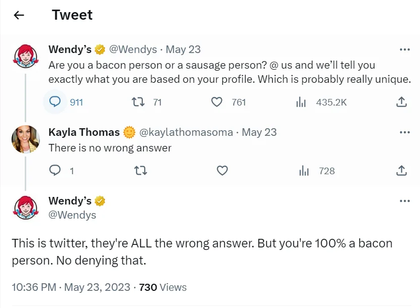Wendy’s 在 X 上的帖子，询问粉丝是培根派还是香肠派