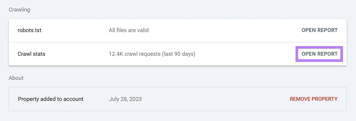 Google Search Console 抓取设置,Crawl stats 的 Open Report 按钮已高亮显示