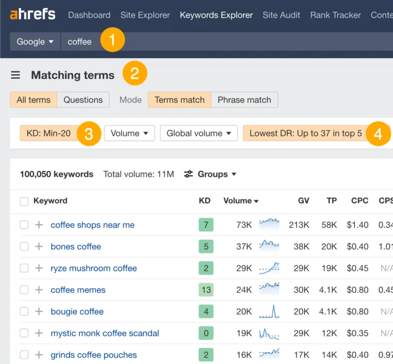 在 Ahrefs 的 Keywords Explorer 中筛选低竞争关键词